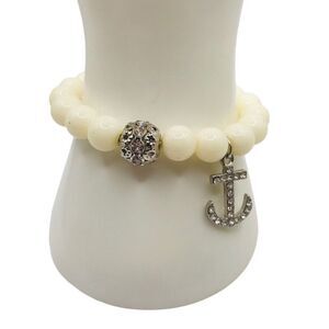 Cream Beaded Anchor Charm Stretch Bracelet